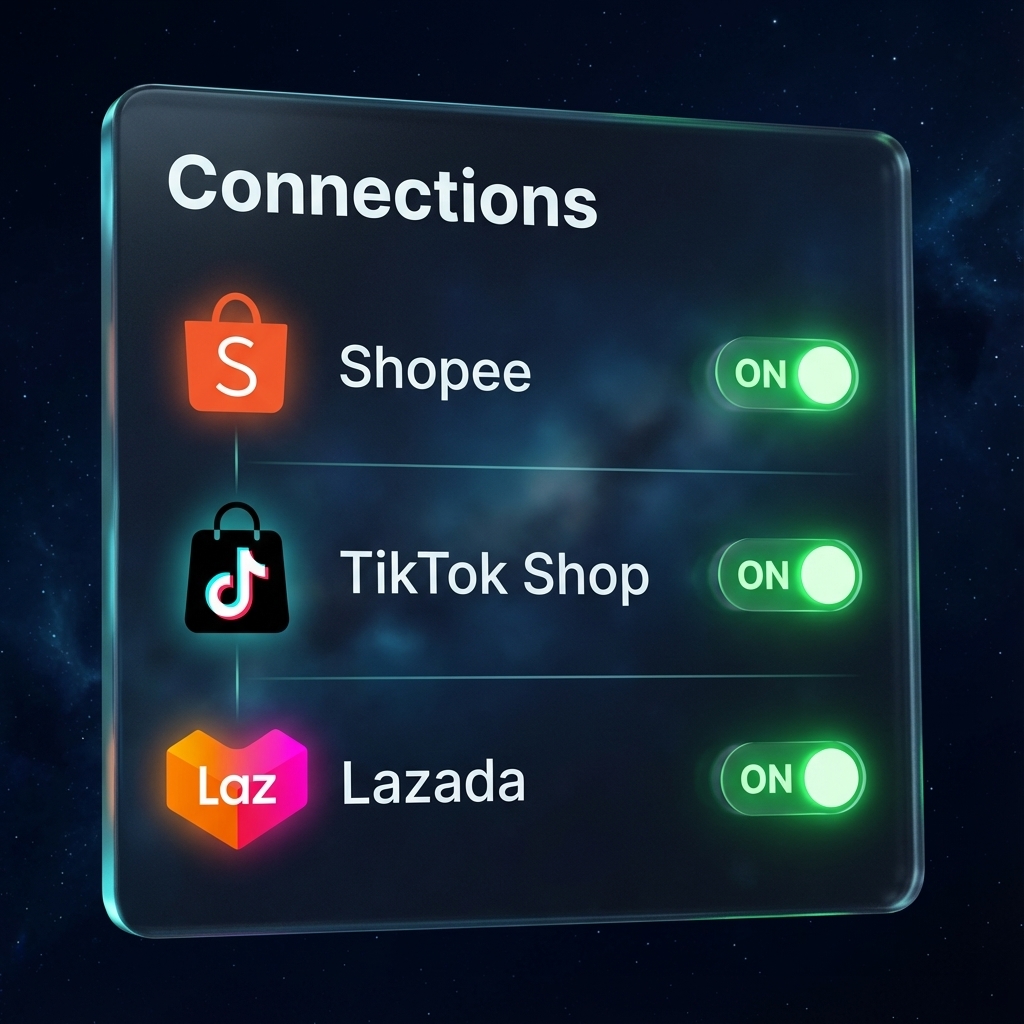 Connection Hub showing connected Shopee, TikTok Shop, and Lazada accounts