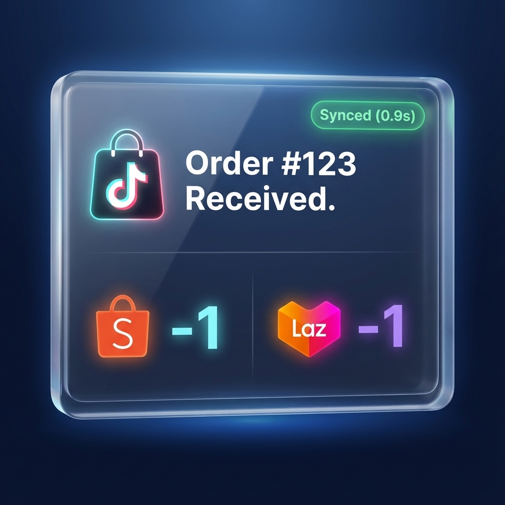 Real-time Sync Log showing TikTok, Shopee, and Lazada updates